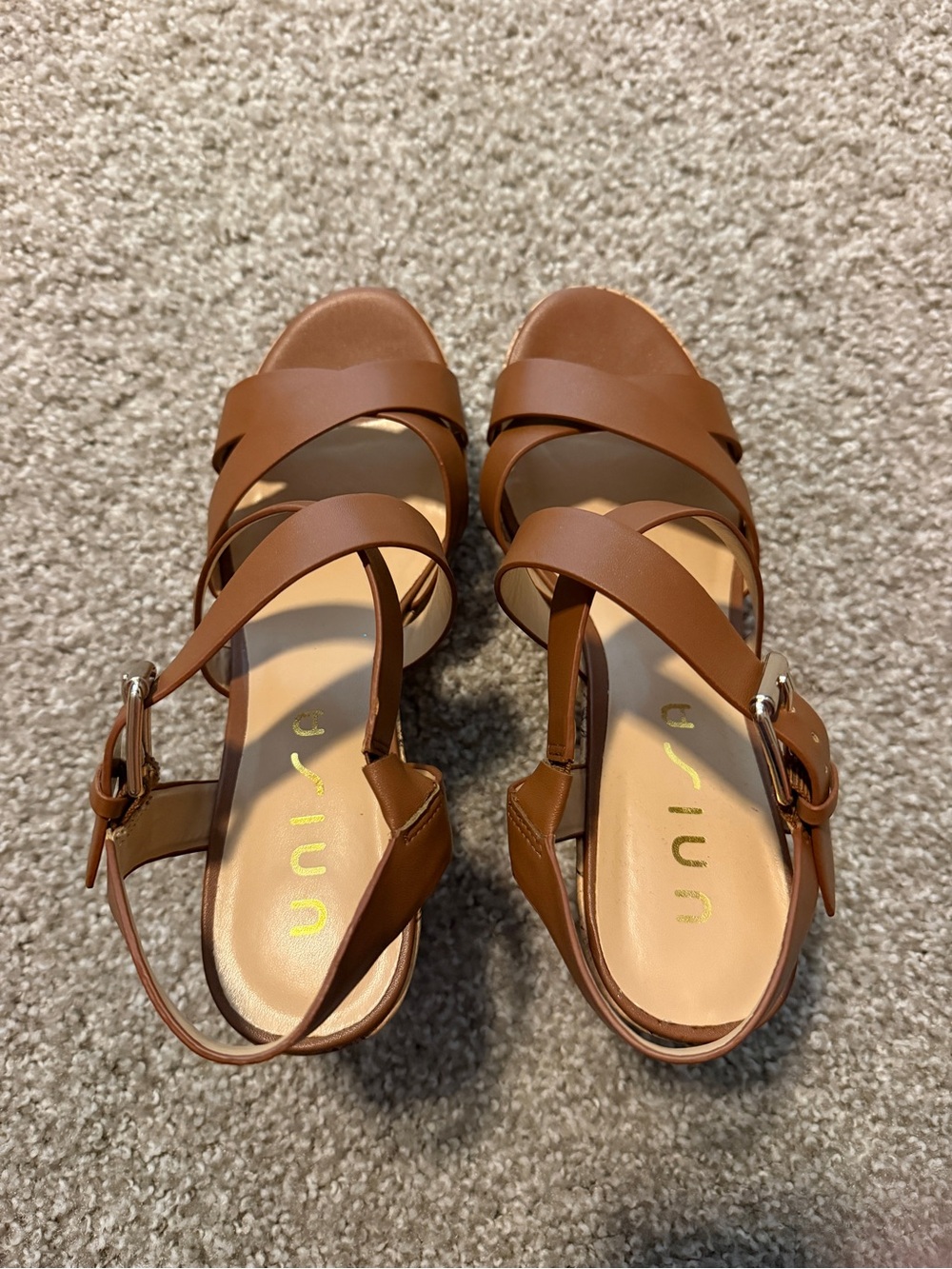 Unisa Brown Crisscross Buckle Wedge Sandals